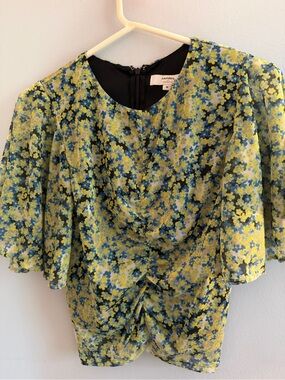 New Floral Ruched Chiffon Blouse in Yellow Blue
